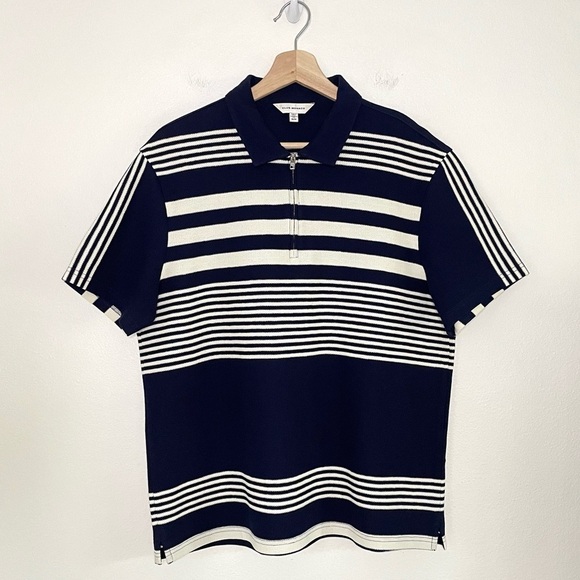 Club Monaco Block Stripe Zip Polo Short Sleeve Cotton Knit Shirt Navy Medium - Picture 5 of 14